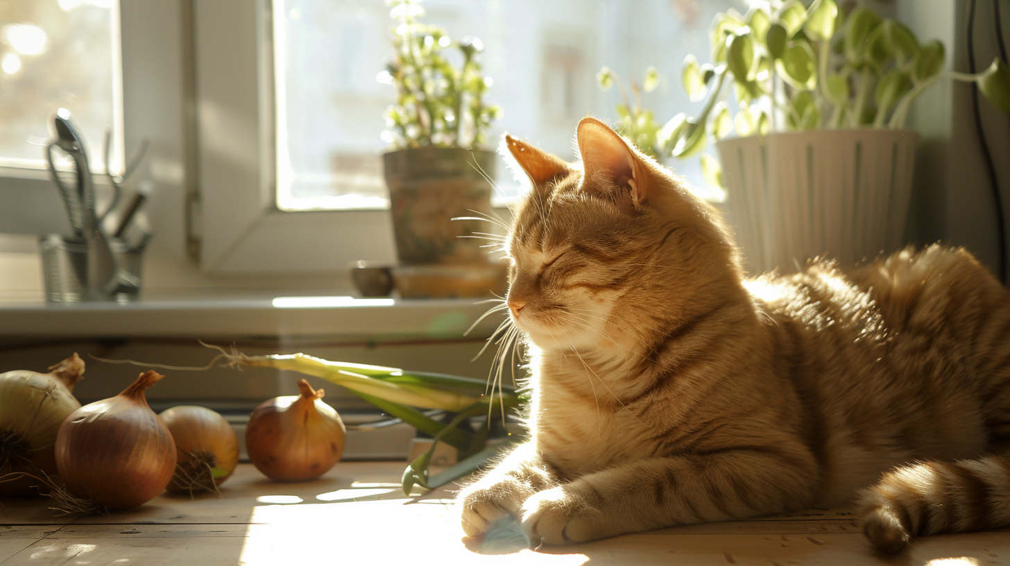 chat devant oignons