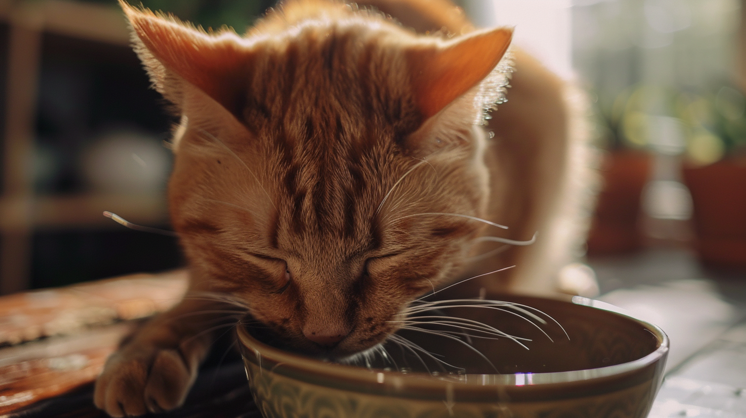 A cat drinks fresh water from a his bowl in a clean home environment.