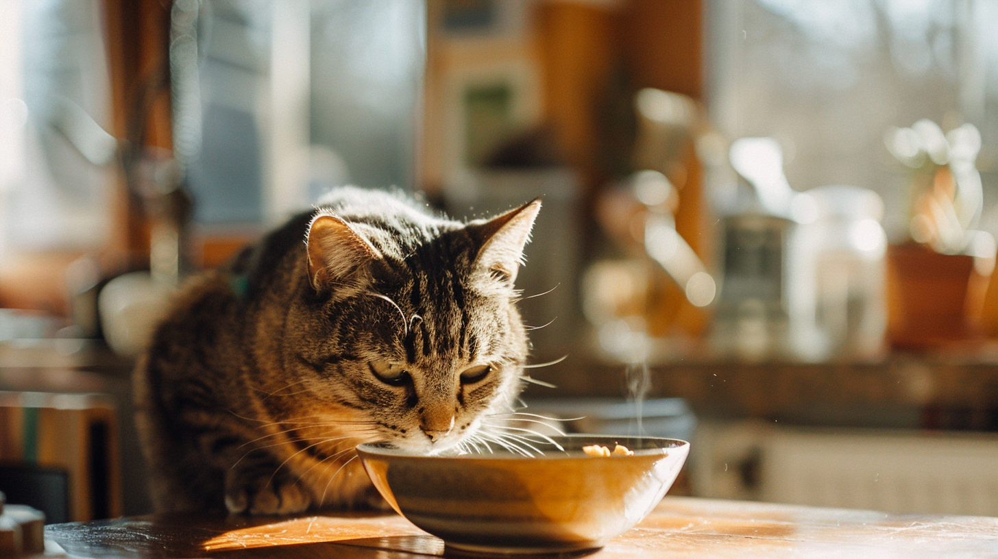 Close up shot of a cat sniffing his bowl and refusing to eat
