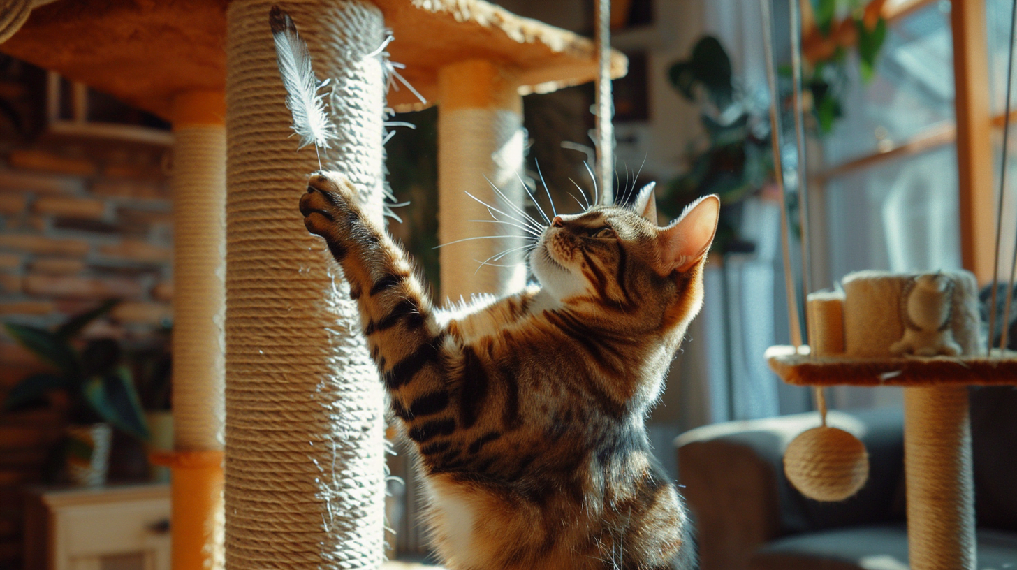 A overweight cat playing with a feather toy indoors, surrounded by various pet-friendly exercise equipment like climbing structures and interactive toys.