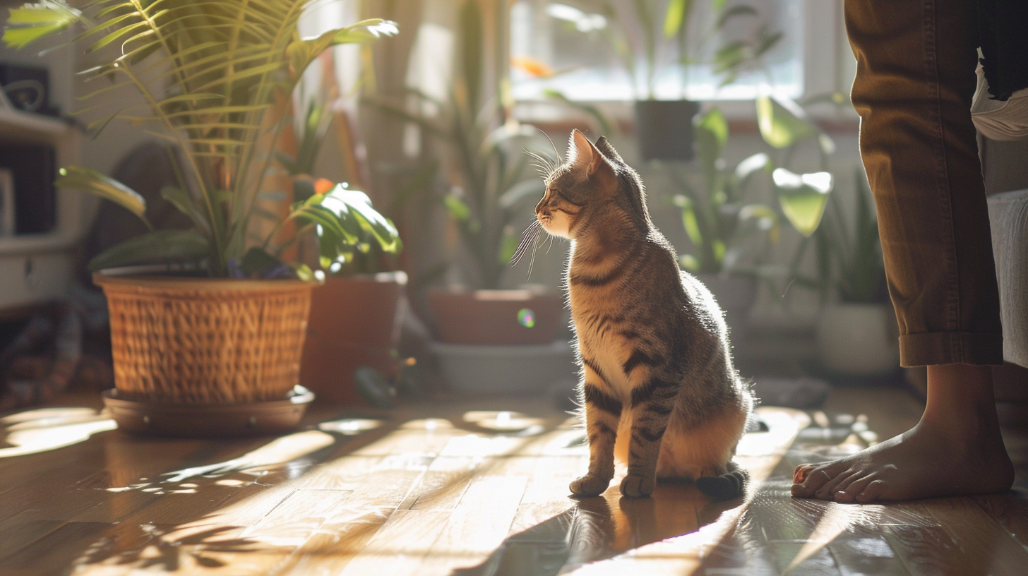A cozy living room with a cat following its owner from the kitchen to the couch, showcasing the close bond and affectionate behavior of the feline.