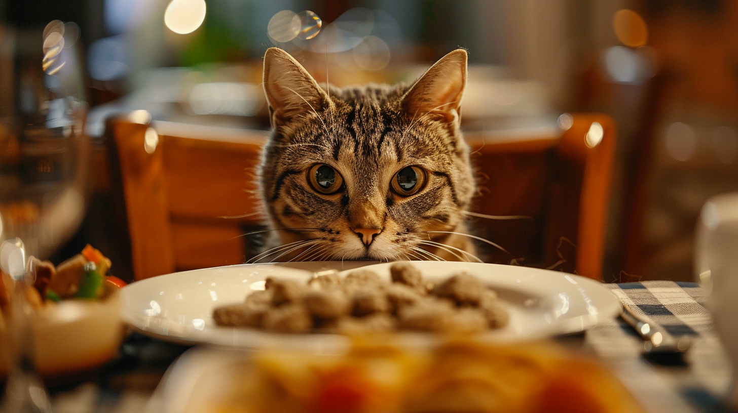 cat eying food on the diner table