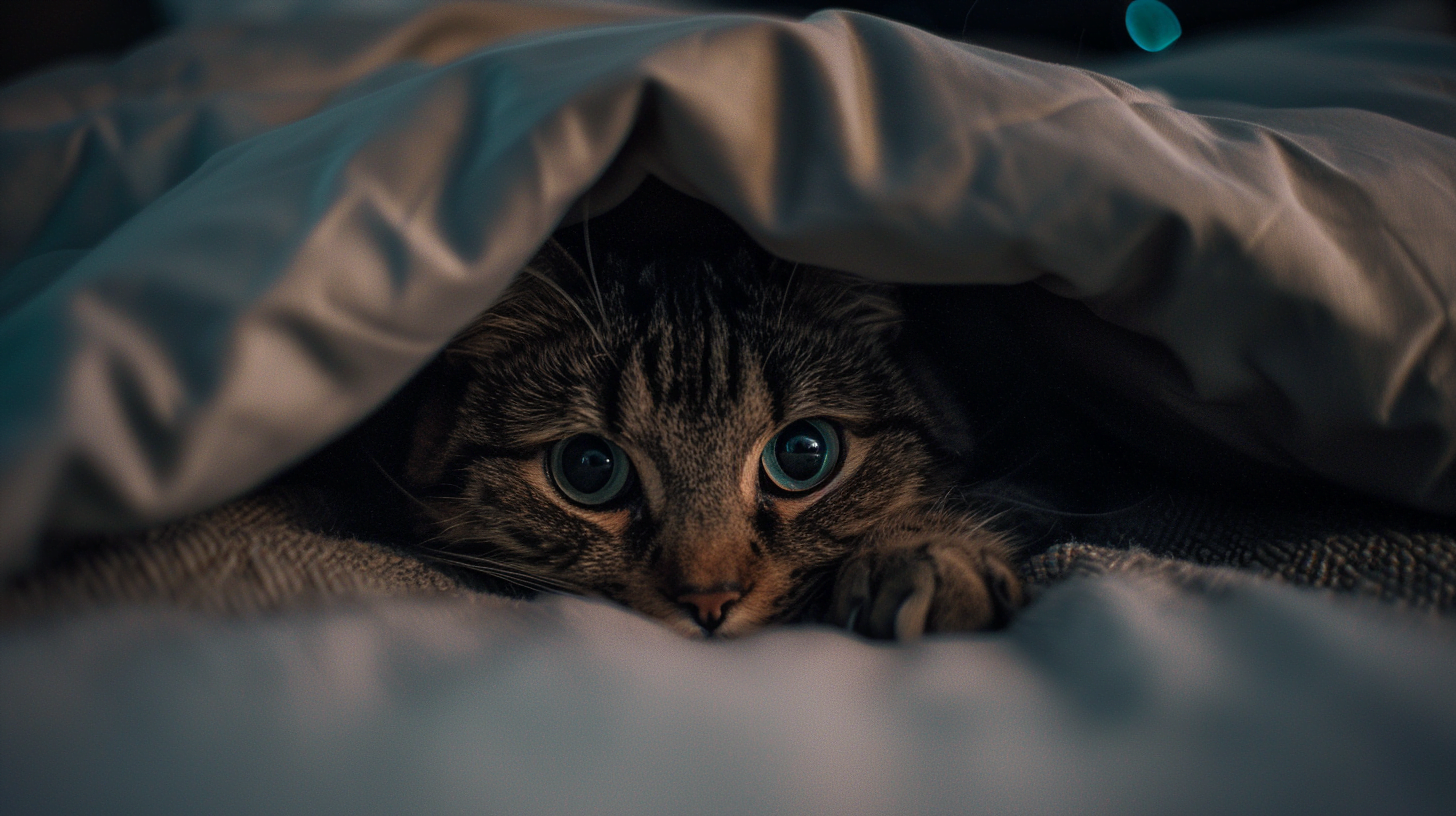 sick and tired cat hiding in fear under blanket