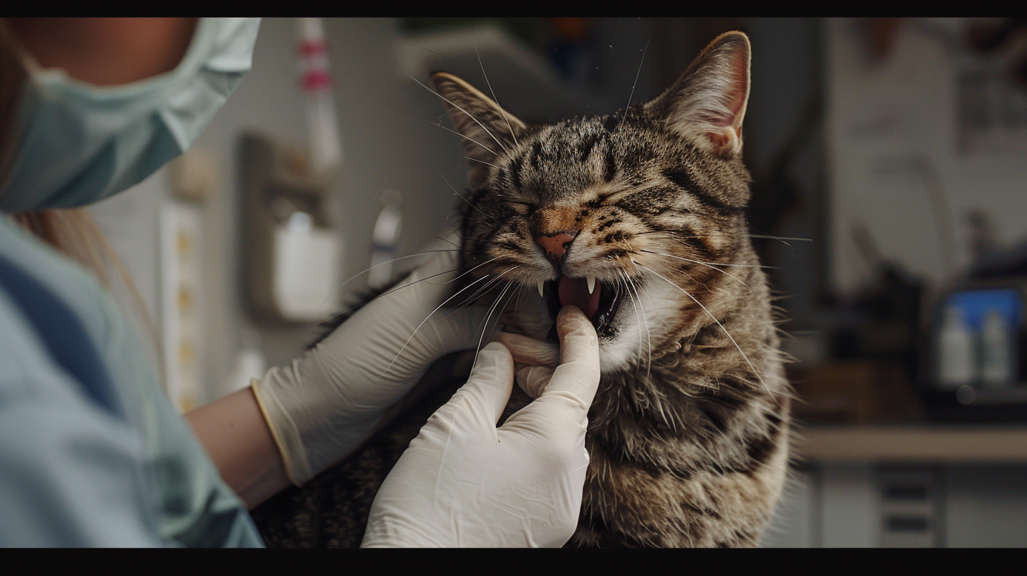 Cat getting his teeth examined by vet