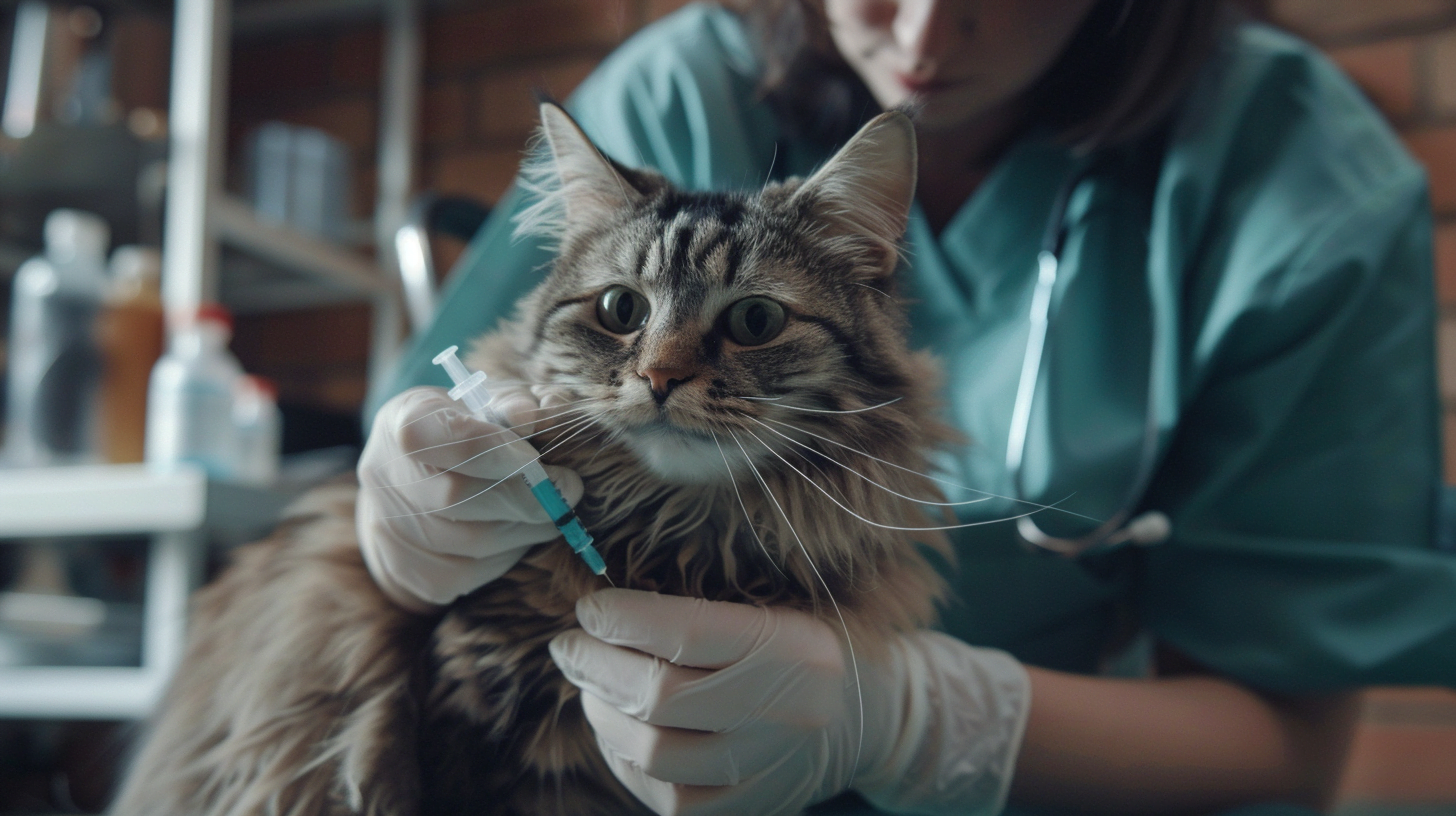 cat getting vaccinated at a clinic by a vet