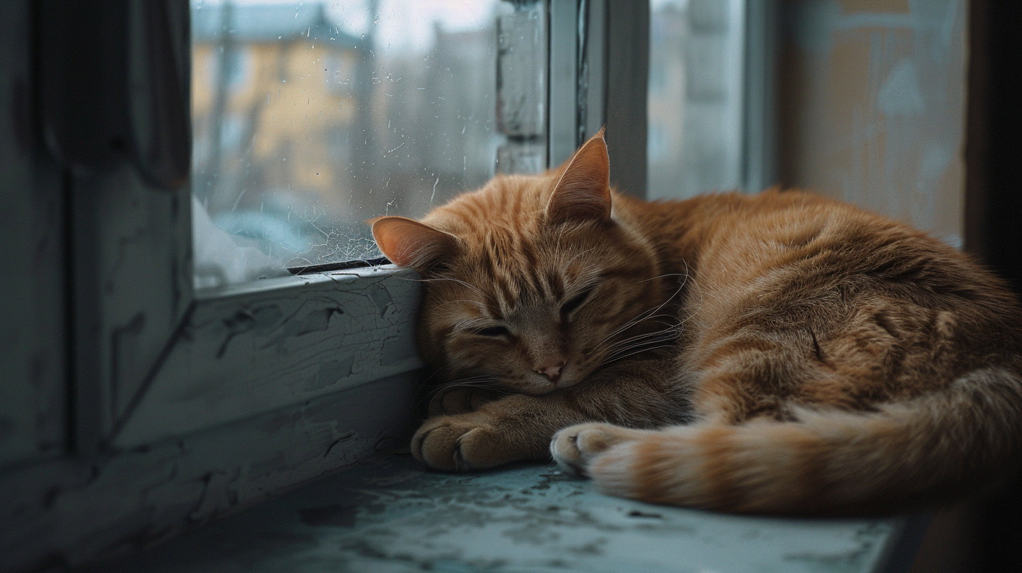 A ginger cat lying down on a windowsill, appearing somber and withdrawn. The cat's eyes are half-closed, and its body language reflects a sense of melancholy. The worn paint on the windowsill and the blurred, dreary urban background seen through the window enhance the overall mood of quiet sadness.