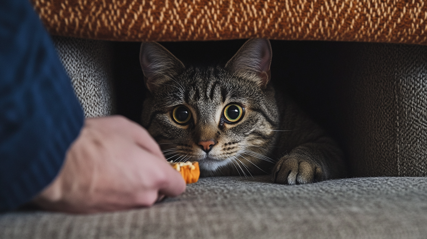 cat hiding under couch