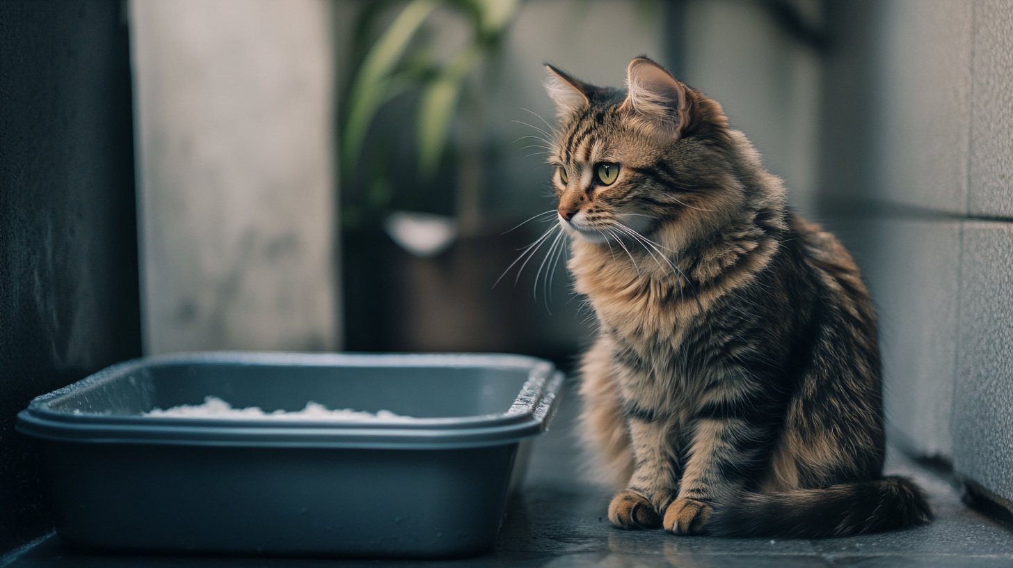 cat next to litter box